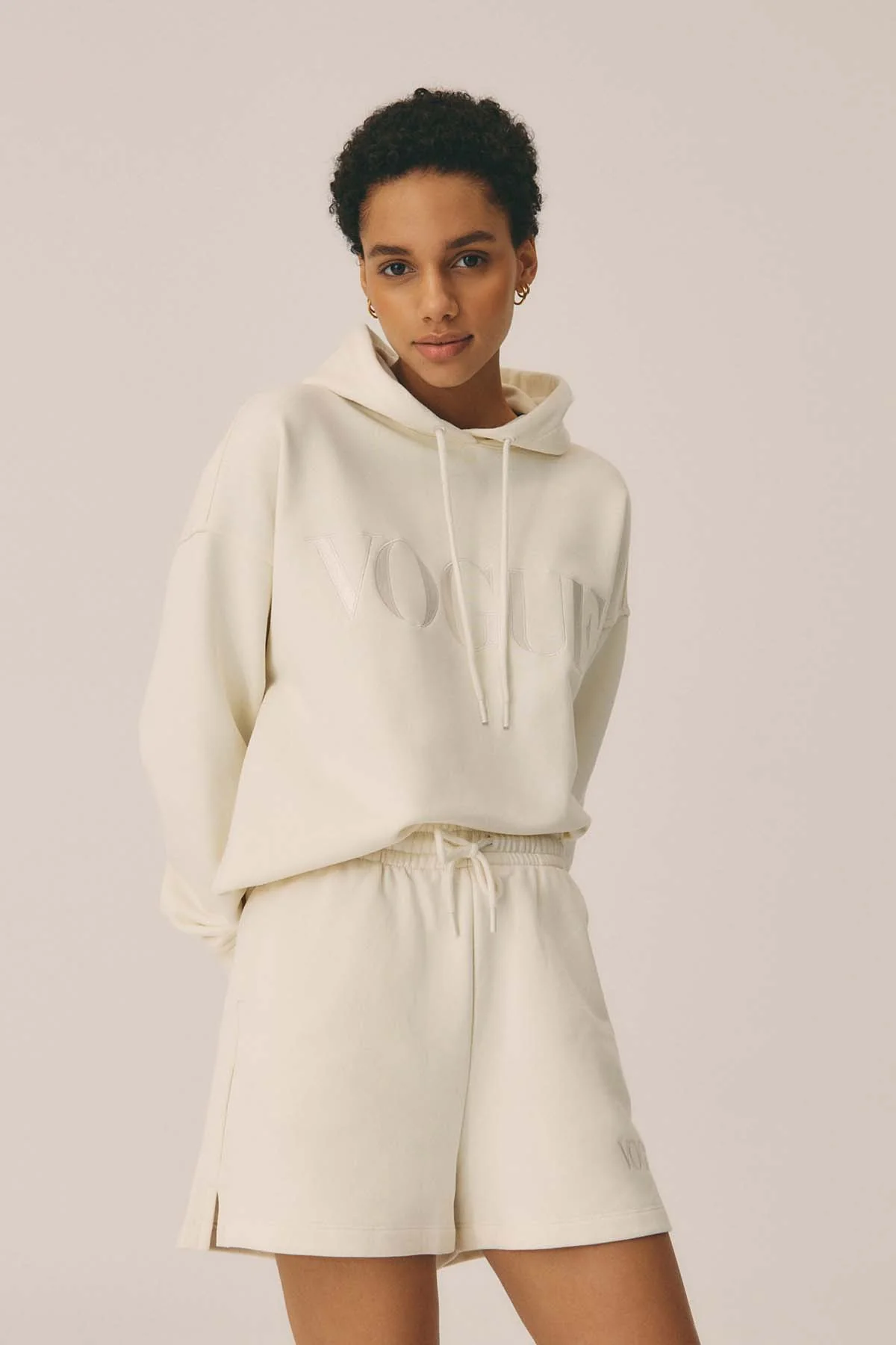 VOGUE Hoodie Cream Tonal Embroidered Logo - Image 7