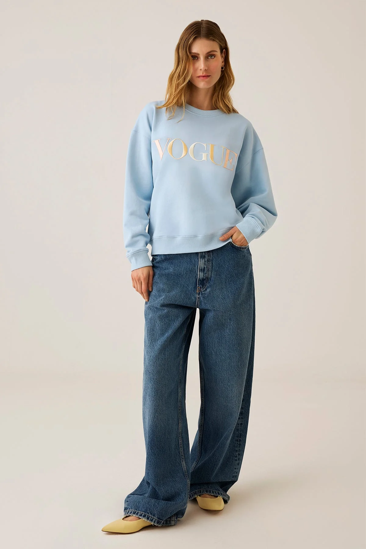 VOGUE Sweatshirt Light Blue Embroidered Colorful Logo - Image 4