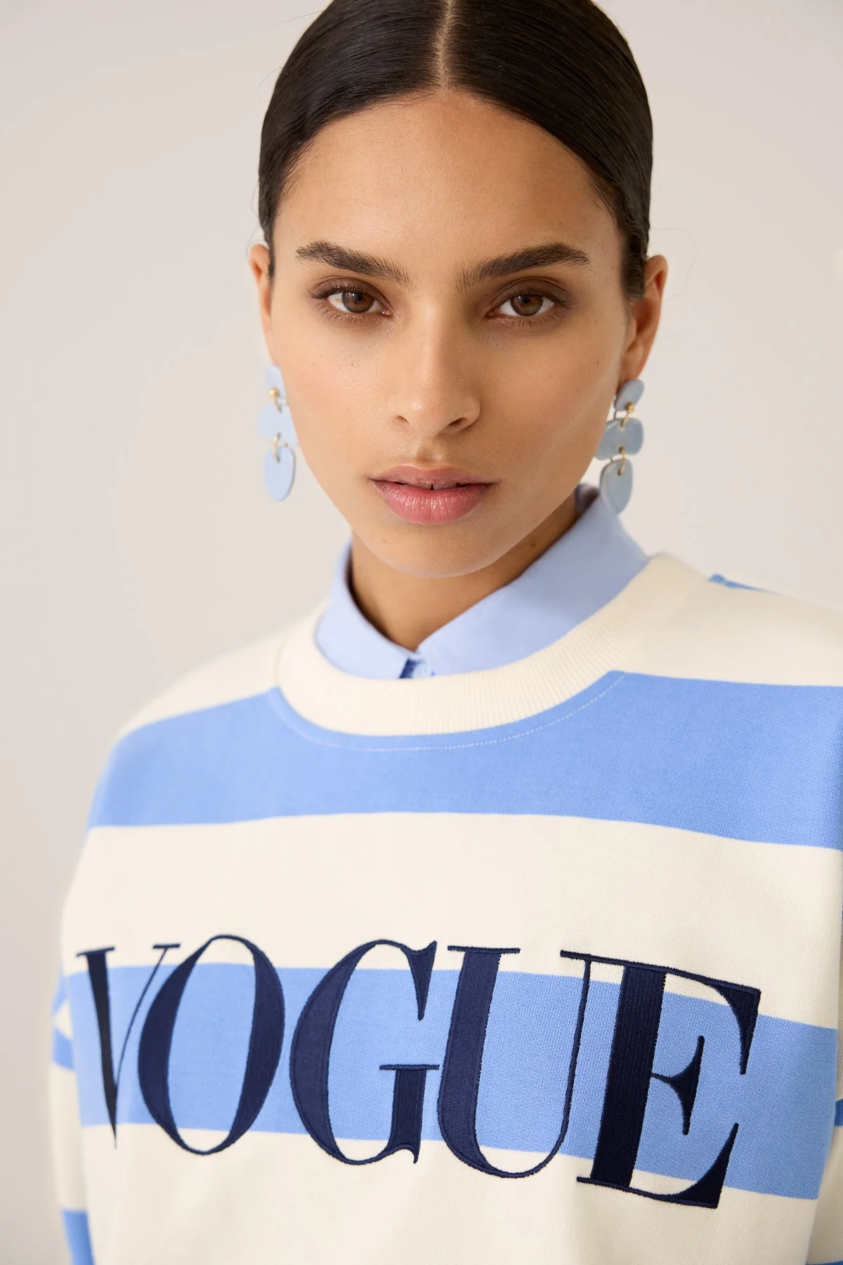 VOGUE Sweatshirt Sky Blue Striped Embroidered Logo - Image 3