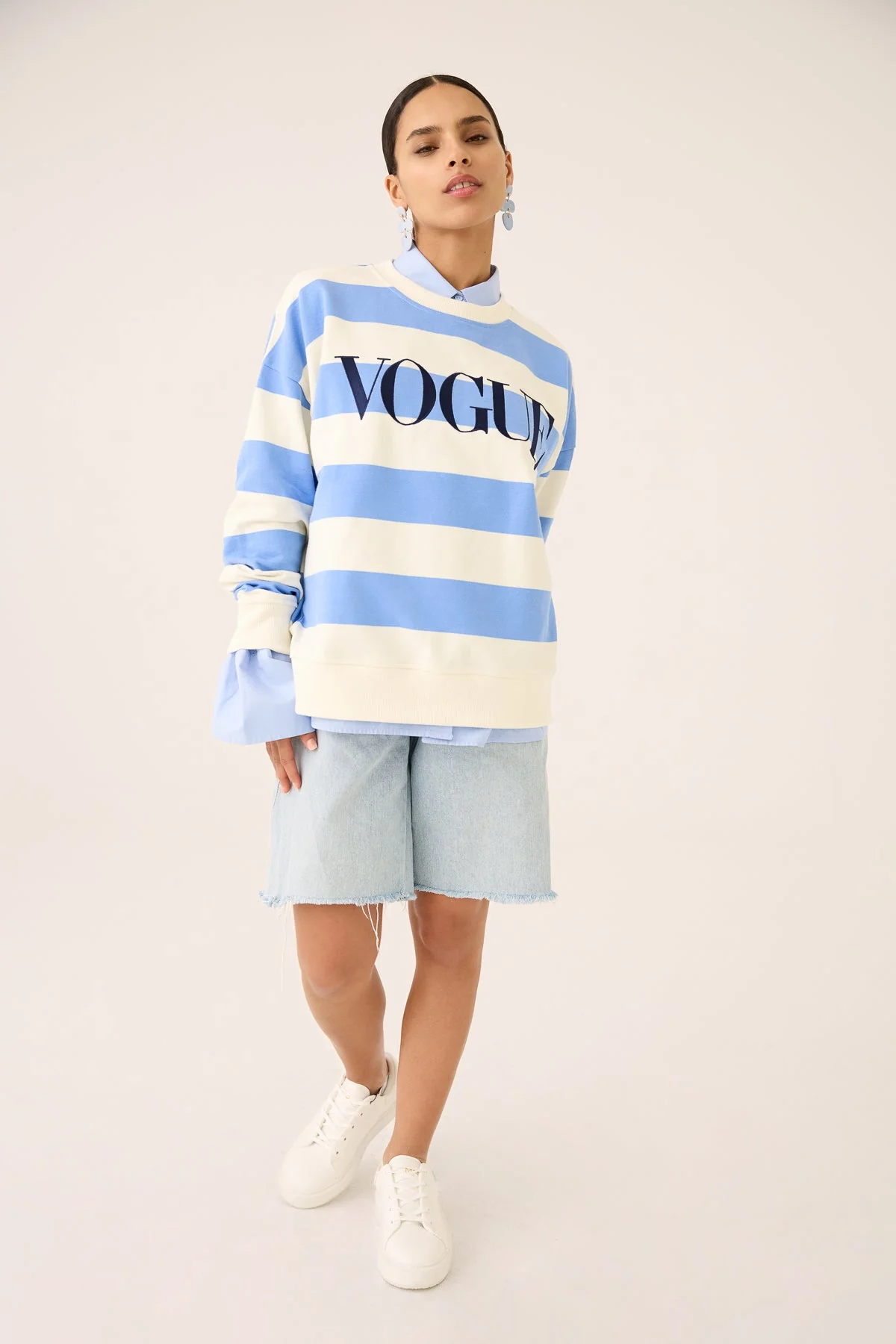 VOGUE Sweatshirt Sky Blue Striped Embroidered Logo - Image 7